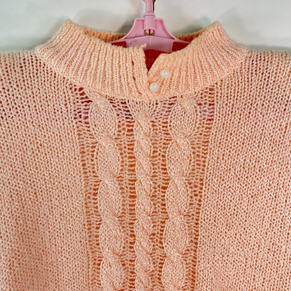 Vintage Sterling Harris Womens Button High Neck Peach Cable Knit Sweater SZ L - Picture 2 of 7